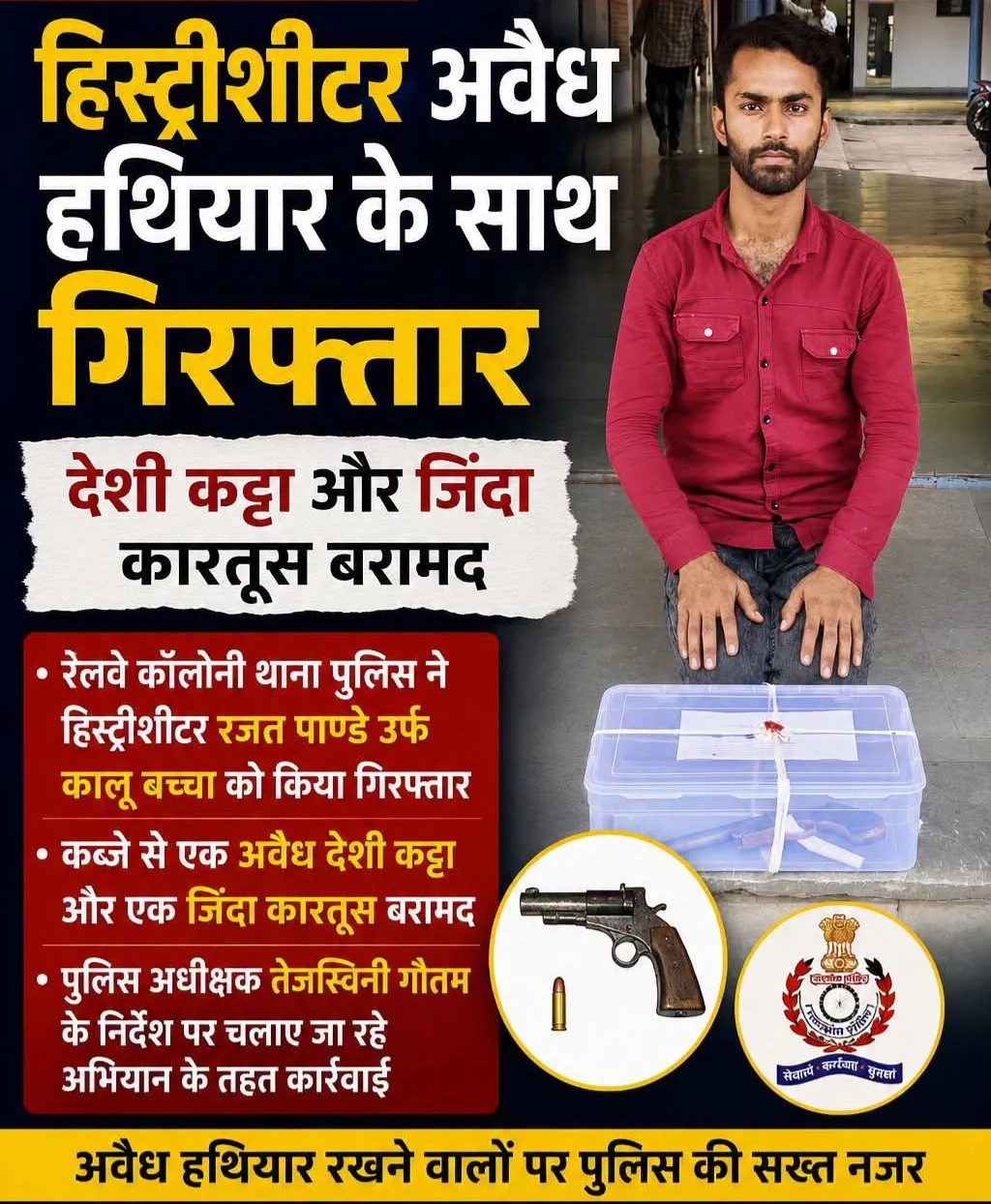 बड़ी कार्यवाही हिस्ट्रीशीटर अवैध हथियार के साथ गिरफ्तार